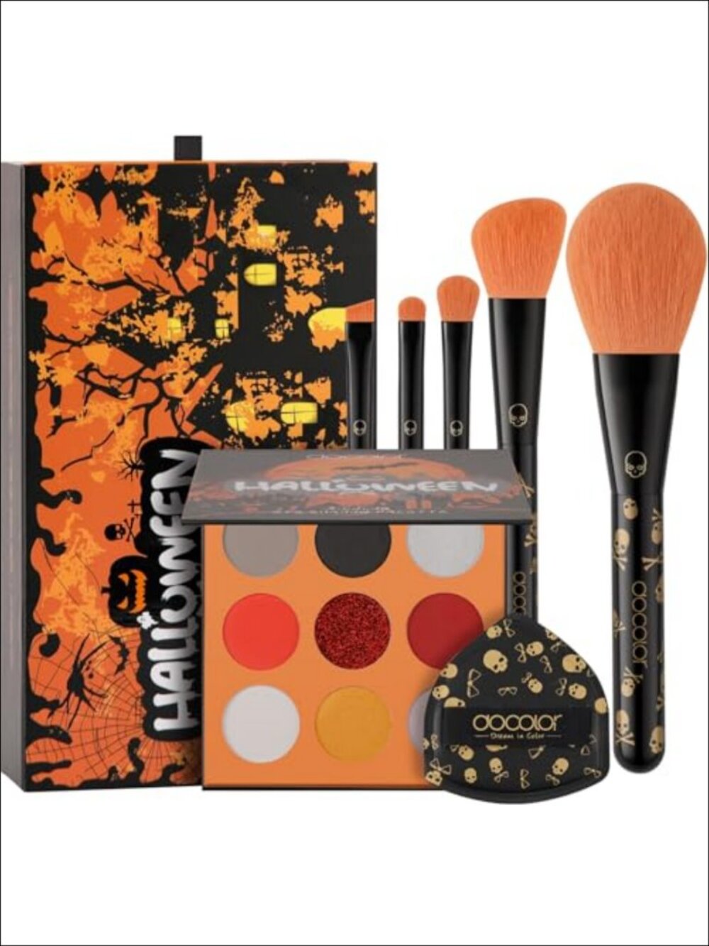 4-in-1 Halloween Makeup Gift Set with Brushes, Eyeshadow Palette, Powder Puff &
